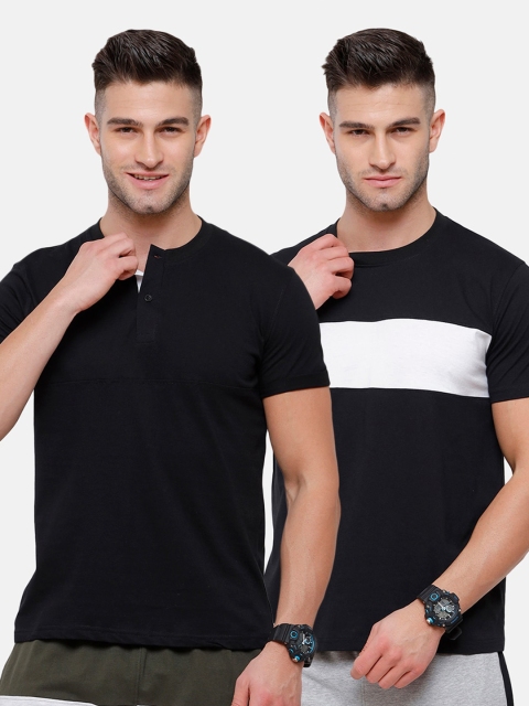 

MADSTO Men Black 2 Henley Neck Slim Fit T-shirt