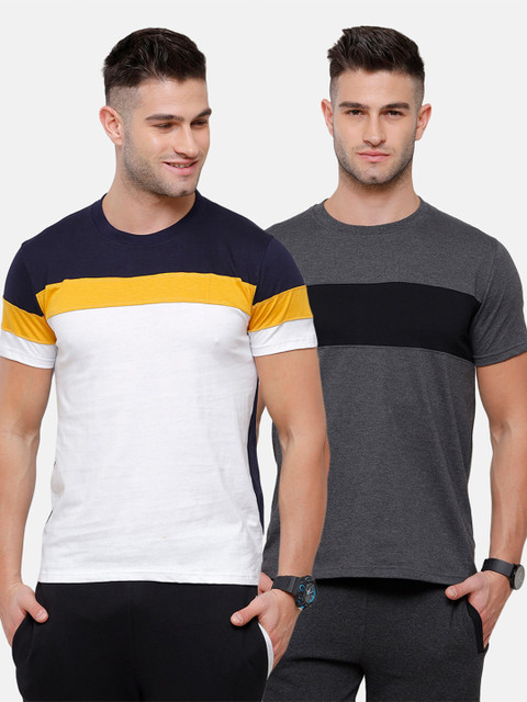 

MADSTO Men White & Charcoal 2 Striped Slim Fit T-shirt