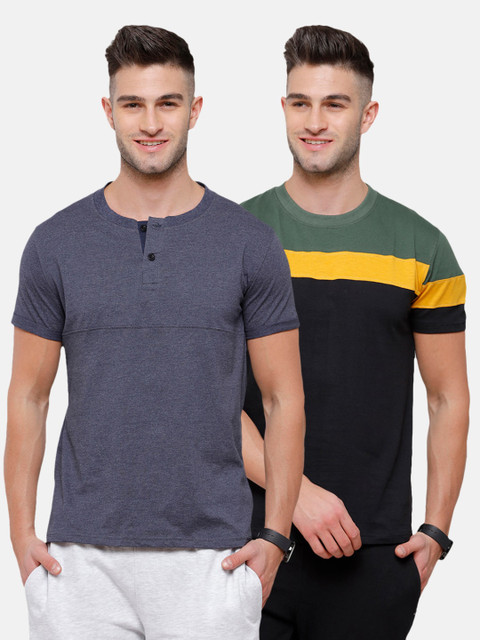 

MADSTO Men Black 2 Henley Neck Slim Fit T-shirt