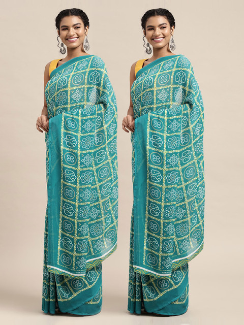 

KALINI Sea Green & Yellow Set of 2 Bandhani Printed Georgette Saree