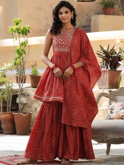 

Juniper Women Red Bandhani Printed Empire Gotta Patti Pure Cotton Kurta with Sharara & With Dupatta