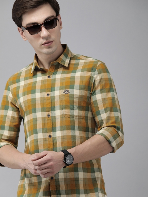 

U S Polo Assn Denim Co Men Mustard Yellow & Green Checked Pure Cotton Casual Shirt