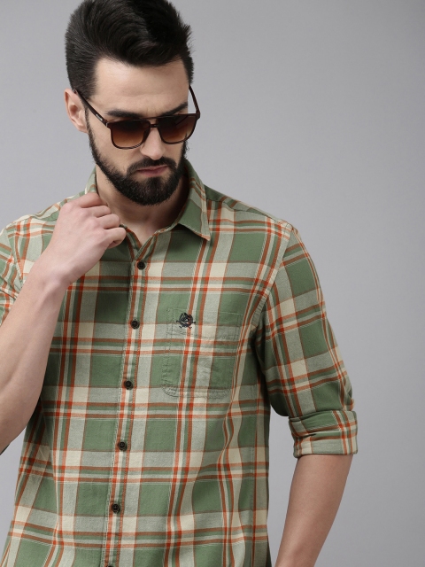 

U.S. Polo Assn. Denim Co. Men Sage Green And Orange Tailored Fit Tartan Checked Pure Cotton Shirt