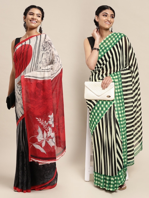 

KALINI Green & Black Striped Printed Poly-Georgette Saree Pack Of 2