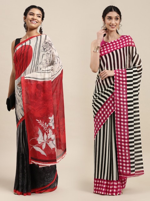 

KALINI Pack Of 2 Black & White Striped Sarees