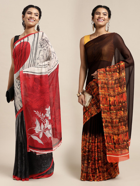 

KALINI Pack Of 2 Black & Orange Printed Sarees