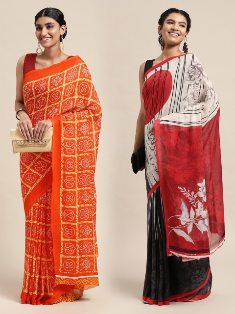 

KALINI Pack Of 2 White & Red Printed Sarees, Orange