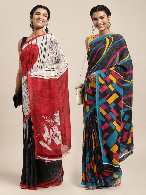 

KALINI Pack Of 2 Navy Blue & Yellow Printed Sarees