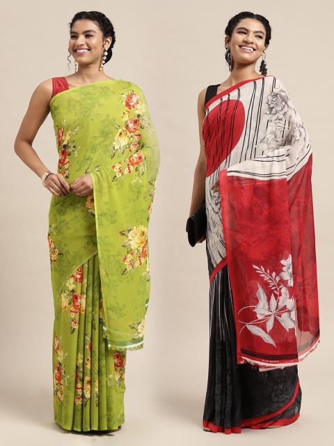 

KALINI Pack Of 2 Lime Green & Orange Printed Sarees