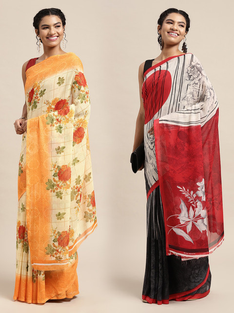

KALINI Pack Of 2 Cream & Orange Printed Sarees