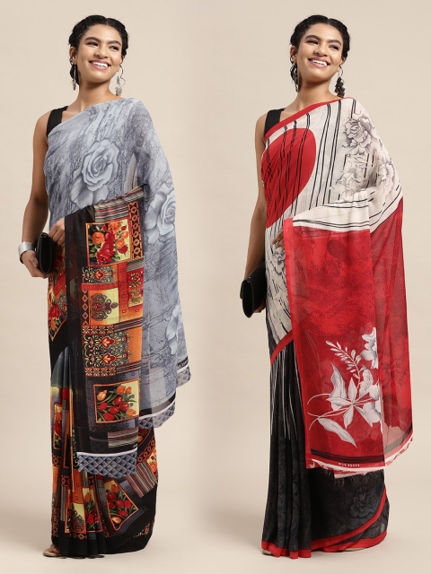 

KALINI Pack Of 2 Grey & Orange Printed Sarees