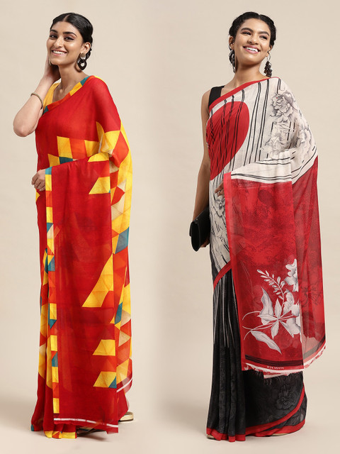 

KALINI Pack Of 2 Red & Yellow Printed Sarees