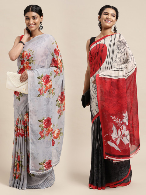 

KALINI Pack Of 2 Grey & Red Printed Sarees