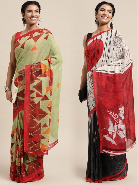 

KALINI Pack of 2 Printed Poly Georgette Sarees, Green