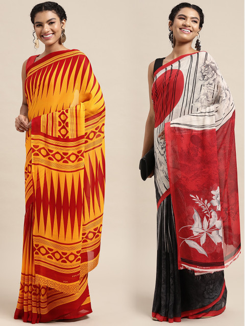 

KALINI Pack Of 2 Mustard Yellow & Red Floral Saree