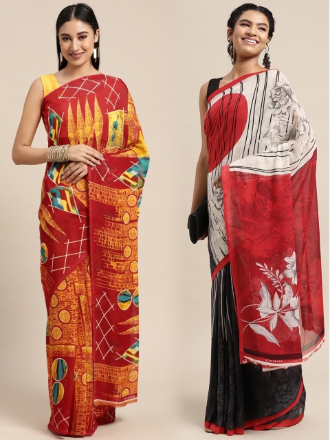 

KALINI Pack of 2 Printed Poly Georgette Sarees, Orange