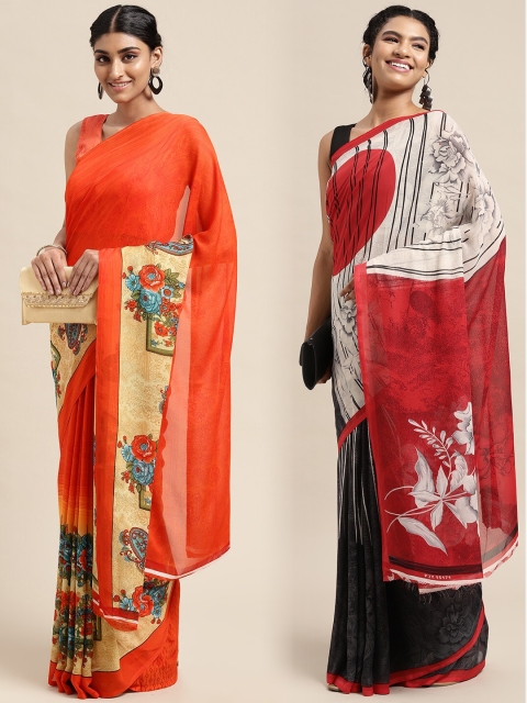 

KALINI Pack of 2 Floral Printed Saree, Orange