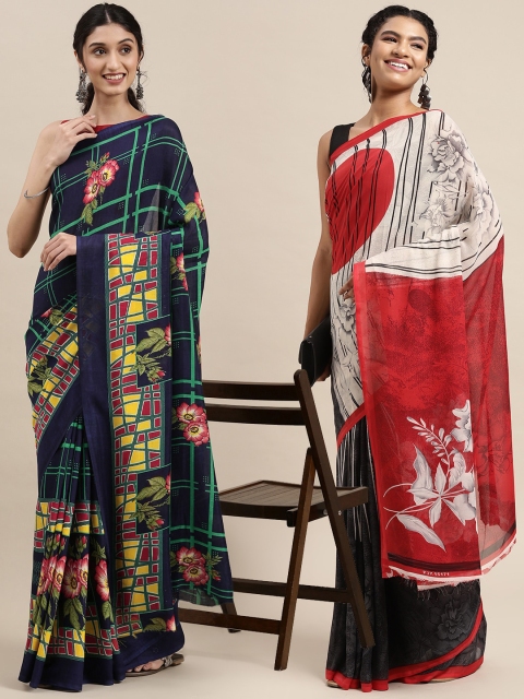 

KALINI Pack Of 2 Navy Blue & Red Floral Saree