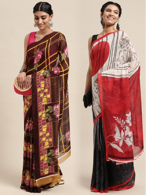 

KALINI Pack of 2 Printed Poly Georgette Sarees, Brown