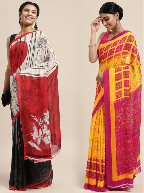 

KALINI Pack Of 2 Red & Mustard Yellow Floral Saree