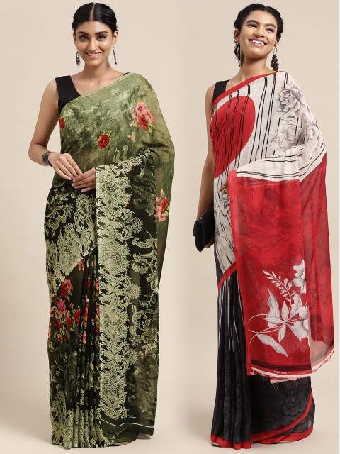 

KALINI Pack of 2 Printed Poly Georgette Sarees, Green