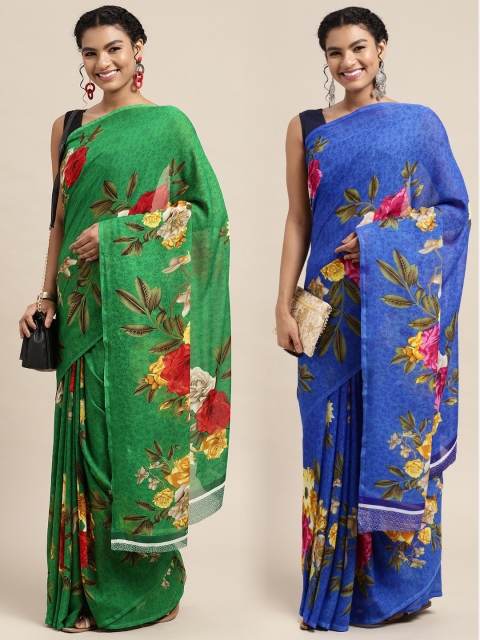 

KALINI Pack of 2 Printed Poly Georgette Sarees, Green