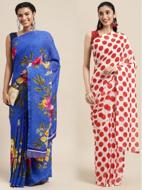 

KALINI Pack of 2 Printed Poly Georgette Sarees, Blue