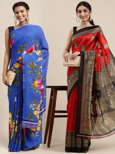 

KALINI Pack of 2 Printed Poly Georgette Sarees, Blue