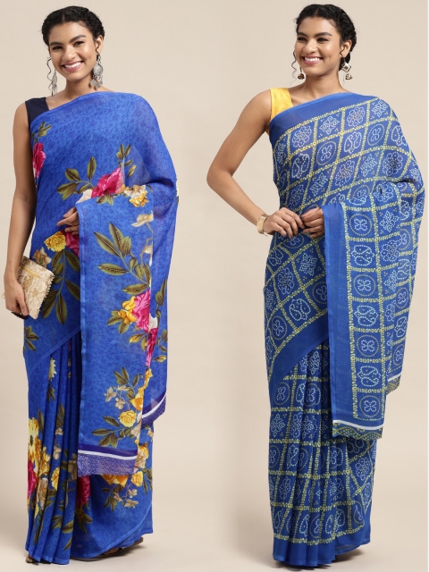 

KALINI Pack of 2 Printed Poly Georgette Sarees, Blue