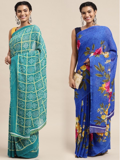 

KALINI Pack of 2 Printed Poly Georgette Sarees, Green