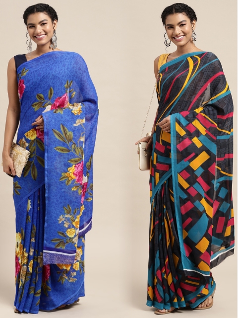 

KALINI Pack of 2 Printed Poly Georgette Sarees, Blue