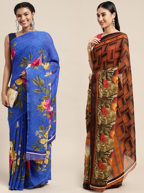 

KALINI Pack of 2 Printed Poly Georgette Sarees, Blue