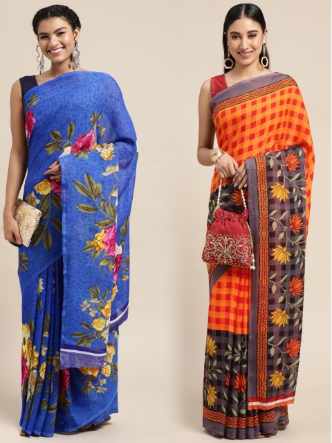 

KALINI Pack Of 2 Blue & Orange Floral Saree
