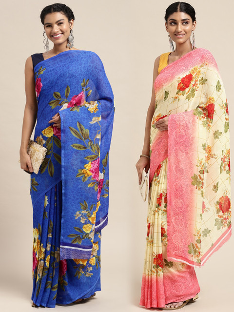 

KALINI Pack of 2 Floral Printed Saree, Blue