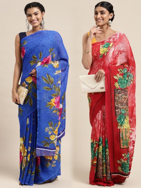 

KALINI Pack of 2 Printed Poly Georgette Sarees, Blue