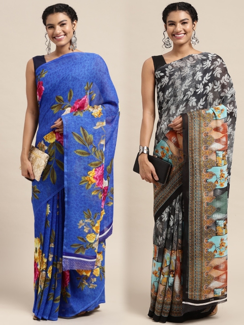 

KALINI Pack of 2 Printed Poly Georgette Sarees, Blue