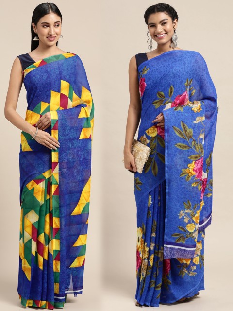 

KALINI Pack Of 2 Blue & Yellow Floral Saree