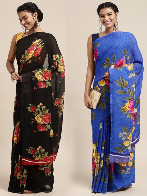 

KALINI Pack Of 2 Black & Blue Floral Saree