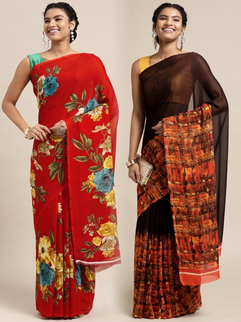 

KALINI Pack of 2 Floral Printed Saree, Red
