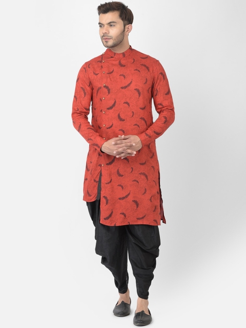 

DEYANN Men Red Floral Printed Mandarin Neck Straight Kurta with Dhoti Pants