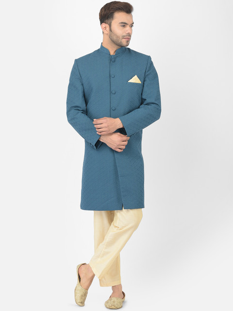 

DEYANN Men Navy Blue Chikankari Embroidered Cotton Sherwani Set