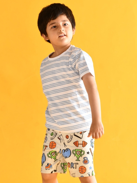 

Anthrilo Boys White & Grey Striped Cotton T-shirt with Shorts