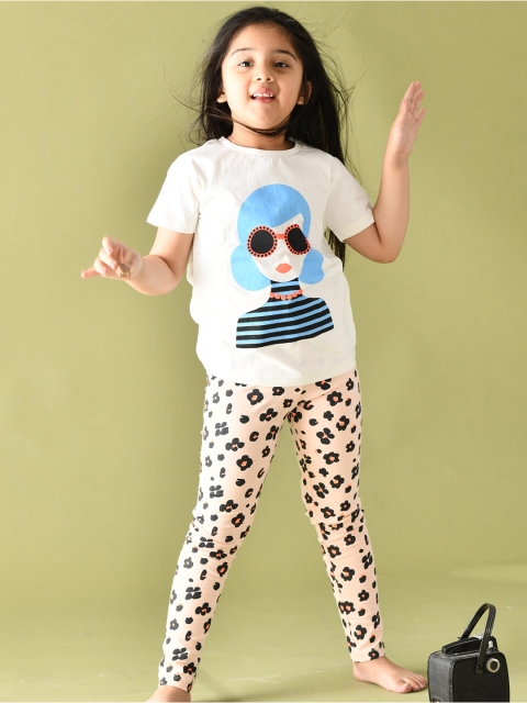

Anthrilo Girls White & Peach-Coloured Printed Pure Cotton T-shirt with Leggings