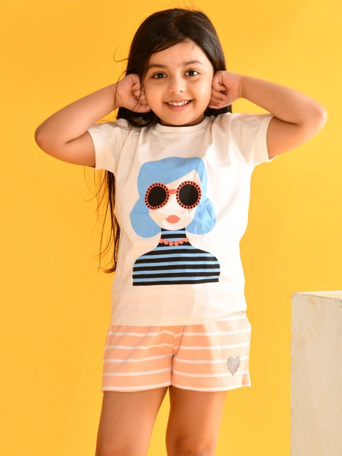 

Anthrilo Girls Orange & White Printed Cotton T-shirt with Shorts