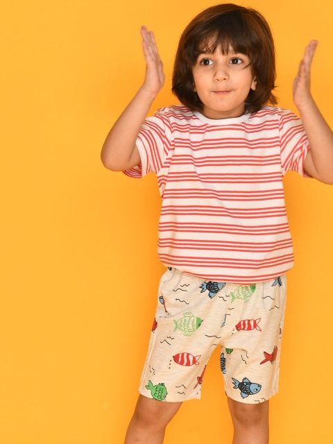 

Anthrilo Boys Red & Beige Striped Pure Cotton T-shirt with Shorts