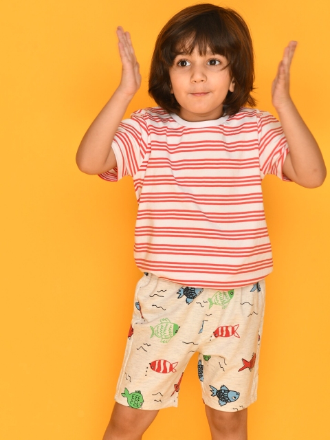 

Anthrilo Boys White & Beige Printed Pure Cotton T-shirt with Shorts