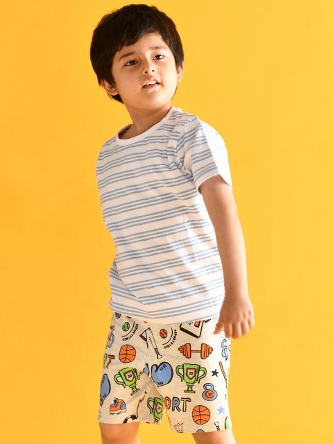 

Anthrilo Boys White & Blue Pure Cotton Striped T-shirt with Shorts