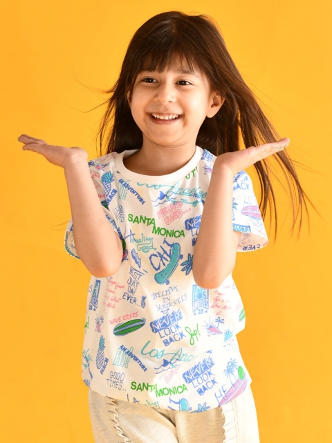 

Anthrilo Girls Grey & White Printed Pure Cotton T-shirt with Shorts