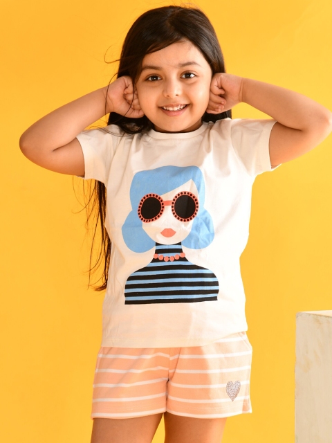 

Anthrilo Girls Orange & White Printed Pure Cotton T-shirt with Shorts