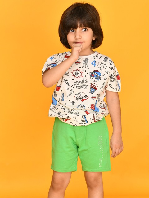 

Anthrilo Boys White & Green Printed T-shirt with Shorts